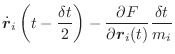 $\displaystyle \dot{\vec{r}}_i\left(t-\frac{\delta t}{2}\right) - \frac{\partial F}{\partial \vec{r}_i(t)}\frac{\delta t}{m_i}$