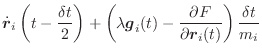 $\displaystyle \dot{\vec{r}}_i\left(t-\frac{\delta t}{2}\right) + \left(\lambda \vec{g}_i(t) - \frac{\partial F}{\partial \vec{r}_i(t)}\right)\frac{\delta t}{m_i}$