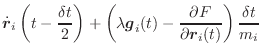 $\displaystyle \dot{\vec{r}}_i\left(t-\frac{\delta t}{2}\right) + \left(\lambda \vec{g}_i(t) - \frac{\partial F}{\partial \vec{r}_i(t)}\right)\frac{\delta t}{m_i}$